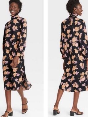 Who What Wear Black Midi Dress with Peach Floral Print